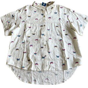 NEW Rae Dunn Linen Blend Butterfly Short Sleeve Collared Button Down Shirt, XL